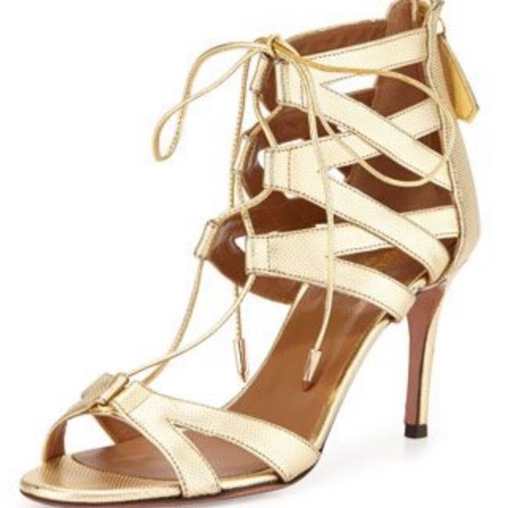 Aquazzura Beverly Hills gold metallic laceup heels